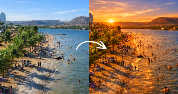 Painel de entrada valoriza a paisagem real de Rifaina com tratamento visual inspirado no verão